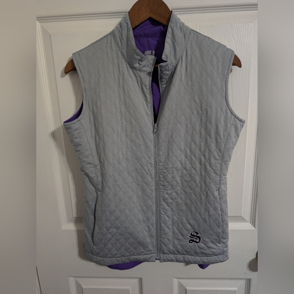 Footjoy Mens Vest Quilted Reversible Gray Purple Logo Size Small Jacket Zipper